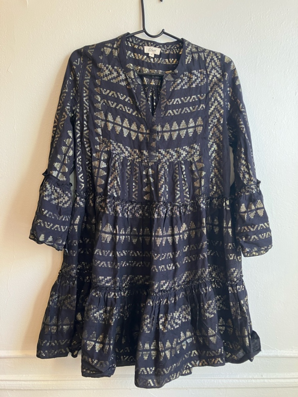 Elan Black Mini Dress with Metallic Gold Pattern